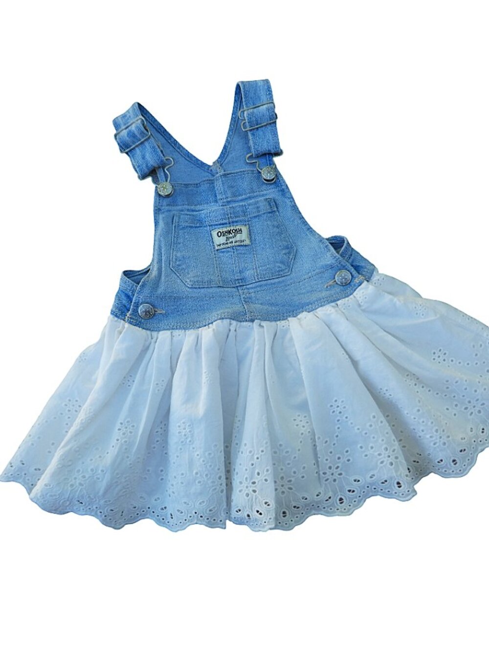 OshKosh B'gosh Toddler Girls Denim Eyelet Lace Overall Dress Blue White 18 Month